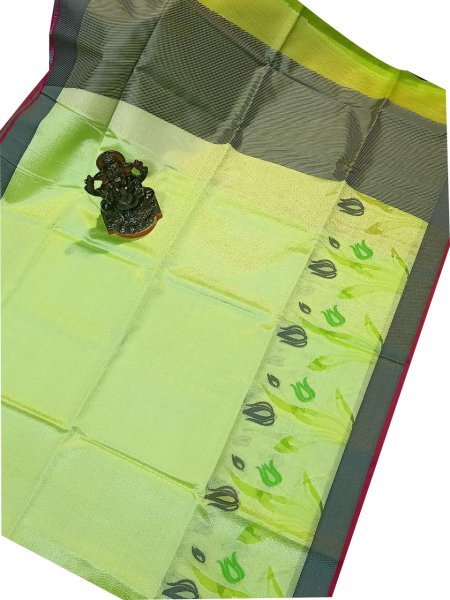 Olive green and gray kora silk saree with kuppatam border